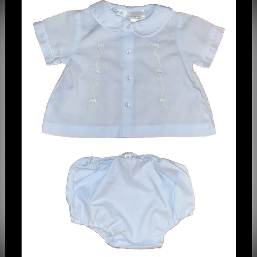 Two piece embroidery baby blue with white trim.Heirloom, portrait, classic - Picture 1 of 13
